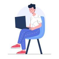 el hombre con la computadora portátil se sienta en la silla. concepto de trabajo, aprendizaje. ilustración vectorial plana. vector