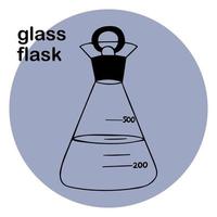 glass transparent flask with stopper, lid in the shape of ring with liquid inside, measuring scale in milliliters. for chemical, laboratory analysis. drawing sketch. vector