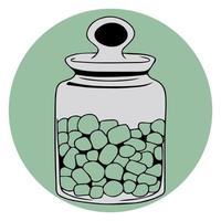 glass jar with lid, container filled with dragees, sweets, balls, marshmallows, and other substances. single doodle element is drawn by hand. vector