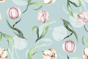patrón sin costuras de tulipanes y flores florecientes con acuarela. Diseñado para tela y papel tapiz, estilo vintage. Patrón floral dibujado a mano. Fondo de botánica.