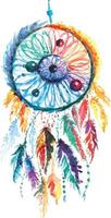 Watercolor decoration bohemian dreamcatcher colorful. Boho feathers decoration.Fetish mystery etnic tribal.American culture. vector