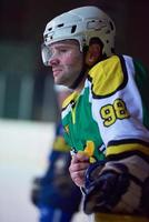 jugadores de hockey sobre hielo en el banco foto