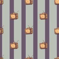 Retro TV with antenna engraved seamless pattern. Vintage television in hand drawn style. vector