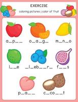 llenar el alfabeto en los espacios en blanco sobre las frutas en la hoja de ejercicios de la materia científica kawaii garabato vector de dibujos animados