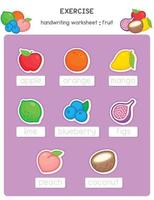 calligraphy words according to guide lines about fruits in science subject exercises sheet kawaii doodle vector cartoon