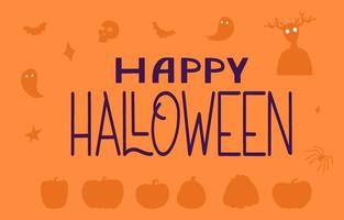 Happy Halloween Text Banner. Autumn poster with pumpkin, web, bat, ghosts. Flat vector illustration