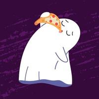 Sweet Halloween ghost eat pizza. Funny spooky phantom eat. Spirit in sheet for October holiday. Kawaii childish spooky phantom. Flat vector illustration