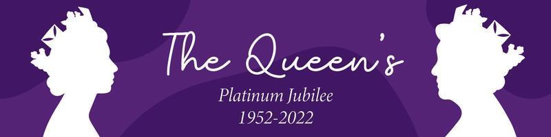 Banner The Queen's Platinum Jubilee celebration background with two side profile of Queen Elizabeth young and old. crown 1952-2022. Flat vector illustration