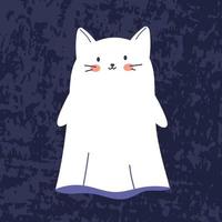 Funny Halloween ghost in cat costume. Happy spooky creepy phantom with cat face. Cute adorable magic spirit. Flat vector illustration