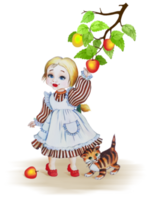 petite fille dans un style rétro avec des pommes et chaton. carte. illustration pour un livre pour enfants. png