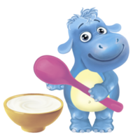 ilustração dos desenhos animados de um hipopótamo com uma colher e uma xícara de queijo cottage. para o design de rótulos de alimentos para bebês e livros infantis.