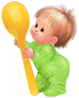 uma criança pequena com uma colher grande. ilustração para um rótulo de comida infantil ou livro infantil. png