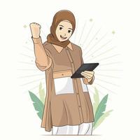 Young muslim woman holding digital tablet vector illustration pro download