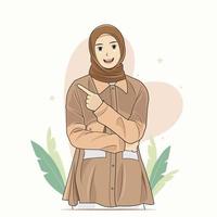 joven mujer musulmana en hiyab sonriendo y señalando con el dedo hacia el lado ilustración vectorial descarga gratuita vector
