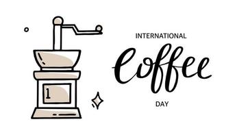 International Coffee Day in black and beige Vector illustration in hand drawn style