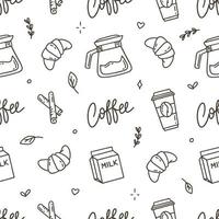 Coffee pattern with Turkish beans and croissants on a white background. Vector illustration in doodle style