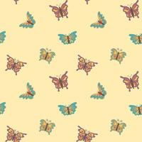 Seamless pattern with colorful cartoon butterflies in retro style on a beige background. For textile, wrapper, background. vector