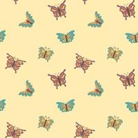 Seamless pattern with colorful cartoon butterflies in retro style on a beige background. For textile, wrapper, background. vector