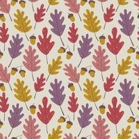 Seamless autumn pattern of acorns and oak leaves on a beige background in warm palette. For textile, wrapper, background. vector