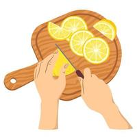 rebanar un limón en una tabla de cortar. manos con un cuchillo cortan limones en una tabla de madera. vector