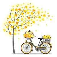 A bicycle with lemons and yellow flowers under an autumn tree. vector