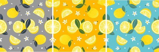 Lemon seamless patterns vector set. Lemon fruits, halves, leaves, flowers.