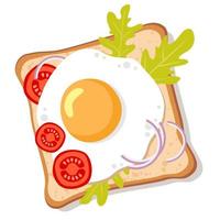 Toast with fried eggs, herbs and tomatoes. View from above. vector