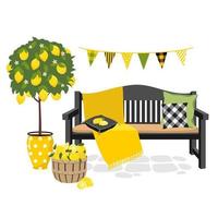 A bench with a blanket and pillows near a lemon tree. vector