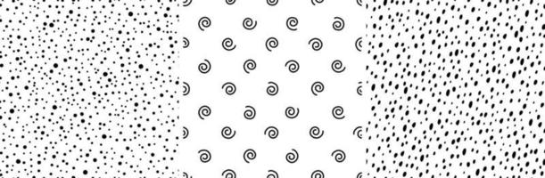 Drops, spirals, rain. Black and white seamless abstract patterns set. vector