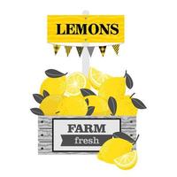 Lemons with leaves in a wooden box. Yellow-gray scale. vector