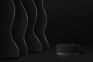 Abstract black 3D room with realistic black cylinder pedestal podium and luxury layers wavy backdrop. Minimal scene for product display presentation. Vector geometric platform. Stage for showcase.