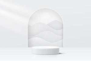 Abstract 3D room with realistic white cylinder pedestal podium and wavy layers in arch shape window. Minimal scene for product display presentation. Vector geometric platform design. Stage showcase.