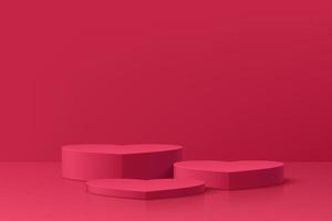 Abstract 3D red room with realistic pedestal podium group heart shape. Minimal scene for valentine product display presentation. Vector rendering geometric platform. Stage for showcase. EPS10 Vector