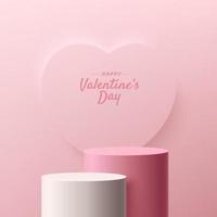 Abstract pink 3D room with realistic cylinder stand or podium set on heart shape background. Valentine day minimal scene for product display presentation. Vector geometric rendering platform design.