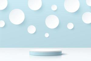 Abstract 3D room and realistic blue cylinder pedestal podium with white circles or polka dot scene. Minimal scene for product display presentation. Vector geometric platform design. Stage for showcase