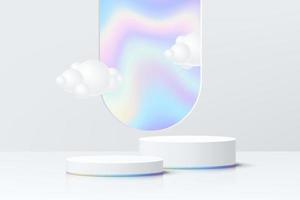 Abstract 3D room with realistic white cylinder pedestal podium set and cloud in arch shape hologram window. Minimal scene for product display presentation. Vector geometric platform. Stage showcase.