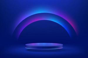 Abstract realistic 3d blue cylinder pedestal podium with Sci-fi dark blue abstract room with semi circle glowing neon lighting scene. Vector rendering product display presentation. Futuristic scene.