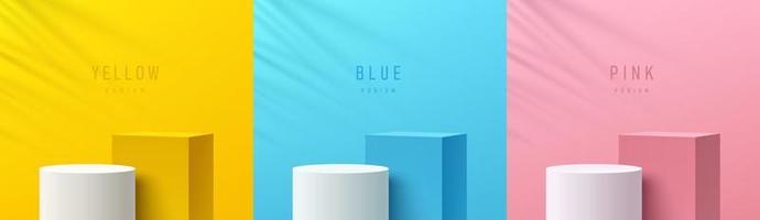 Set of yellow, blue, pink and white realistic geometric pedestal podium group with shadow of leaf overlay. Abstract vector rendering 3d shape. Product display presentation. Pastel minimal scene.