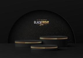 Abstract 3D background with realistic black cylinder podium set and golden glitter scene in semi circle window. Luxury black friday sale scene for product display. Vector geometric rendering platform.