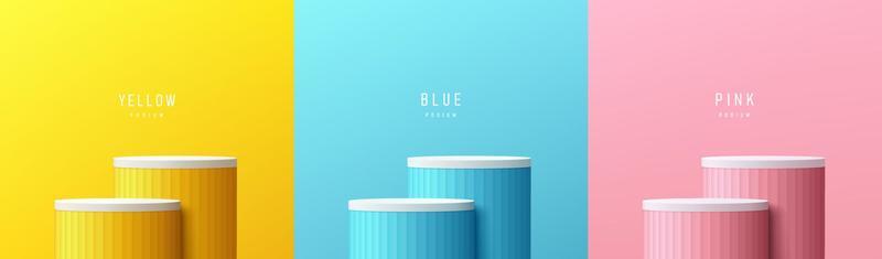Set of yellow, blue, pink, white realistic 3d steps cylinder stand podium in pastel scene background. Abstract vector rendering geometric forms. Minimal scene. Stage showcase, Mockup product display.