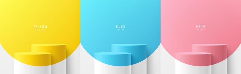 Set of white realistic 3d cylinder stand podium group with pastel yellow, blue and pink in curve shape background. Abstract vector rendering geometric forms. Mockup product display. Minimal scene.