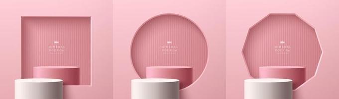 Set of abstract 3D background with realistic white, pink cylinder stand podium in square, circle round, octagon shape window. Minimal scene for product display. Vector geometric forms. Stage showcase.