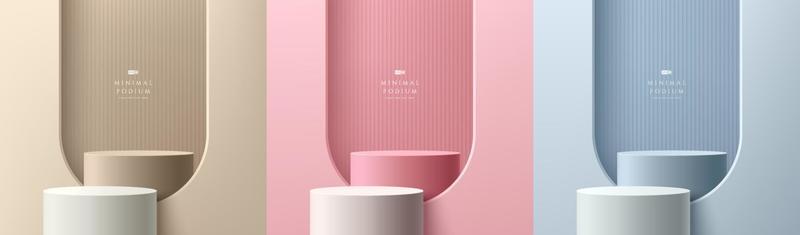 Set of realistic abstract 3d background with cylinder stand podium in beige, blue, pink and white window arch shapes. Vector geometric forms. Minimal scene. Stage for showcase, Mockup product display