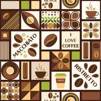 Coffee theme background with design elements in simple geometric style. Seamless pattern with abstract shapes. Good for branding, decoration of food package, cover design, decorative print, background vector