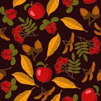 Seamless autumn pattern with apple, yellow leaves, acorns, rowan, lingonberries on dark background. vector