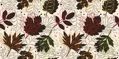 Seamless pattern with contour and silhouettes of autumn leaves on beige background. Stylish background, textile, wrap design vector