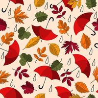 Seamless pattern with colorful umbrellas, leaves, black contour rain drops on beige background. Vector