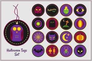 Set of Halloween tags isolated on white. Owl, ghost, flask, eye, gravestone, grave cross, spider web, spider, cat, moon, pumpkin, bat, candy, skull. Vector