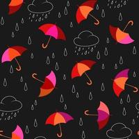 Seamless pattern with colorful umbrellas and white contour rain drops on black background. Vector