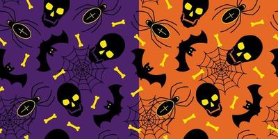 Set of halloween orange and violet seamless pattern with silhouettes of skulls, bats, spiders, bones, spider web. Vector. vector